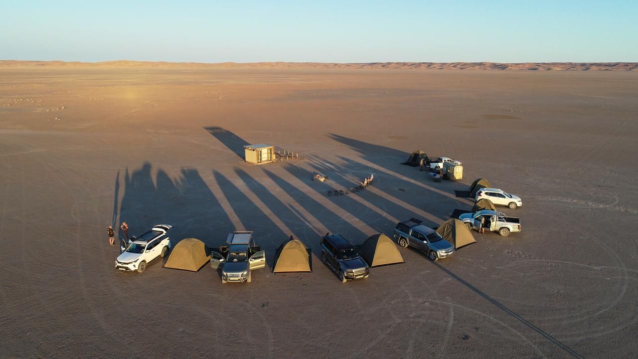 Camp on the pan at sunset — Thirstland Trails